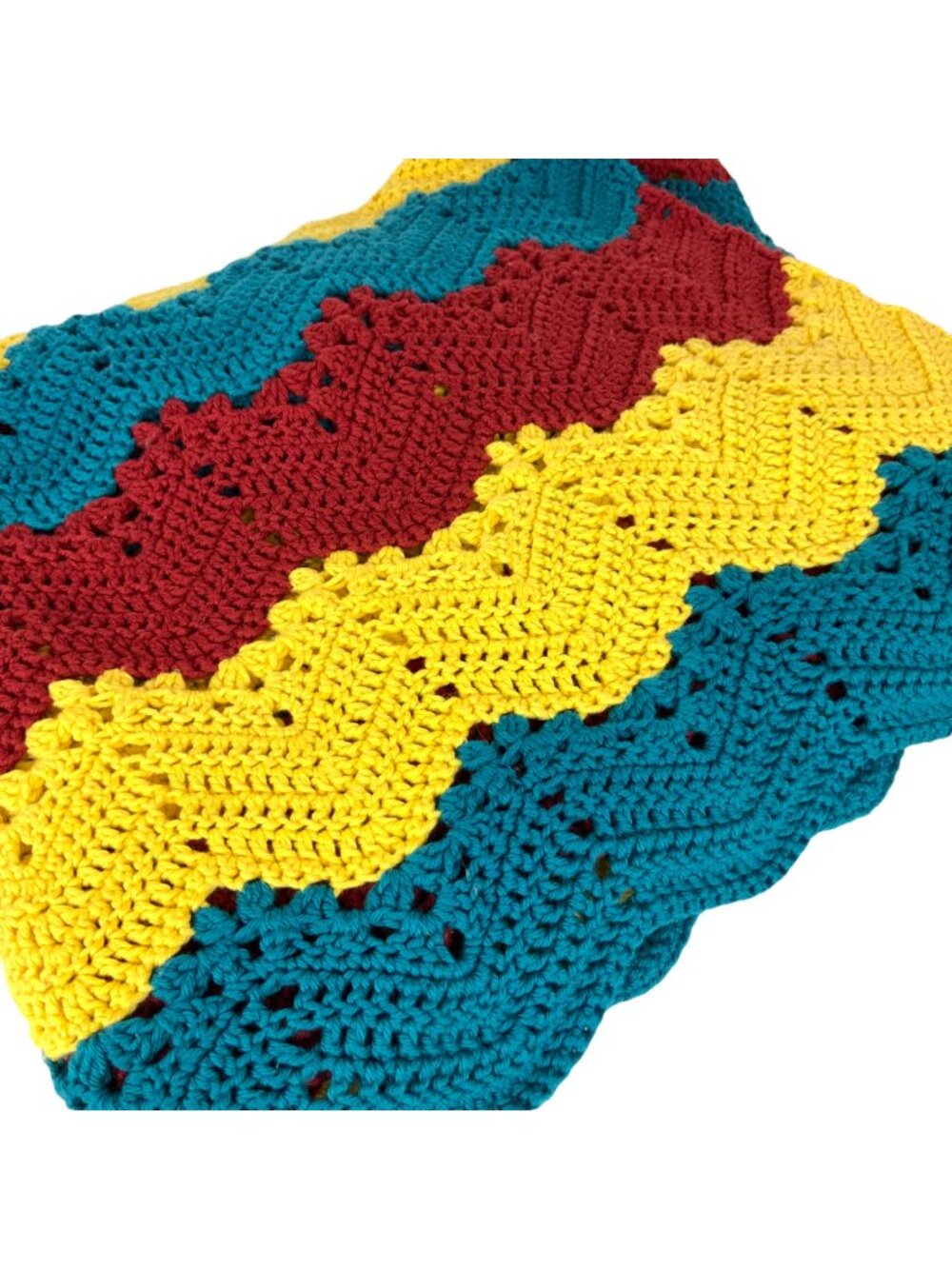 Crochet Knitted Afghan Throw Blanket Zig Zag Chevron Pattern Red Yellow Teal